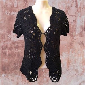 Crochet Block Weave Open Knit Scalloped Eye Hook Front Short Sleeve Cardigan